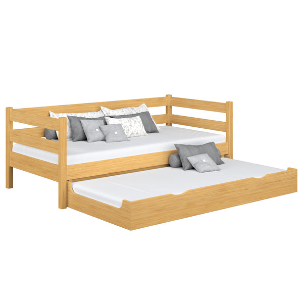 Drewniane łóżko sofa z szufladą na materac N01 sosna naturalna – widok ogólny, lite drewno sosnowe