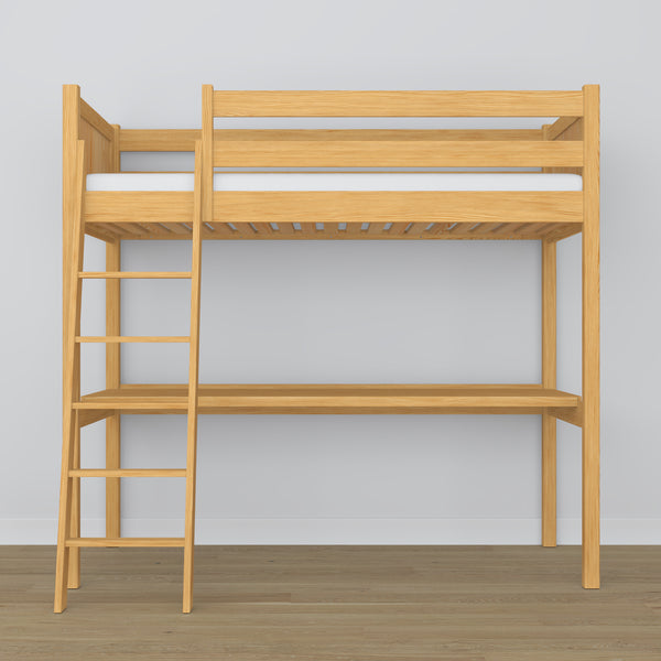 Loft bed natural pine with desk – study space under the sleeping area, wooden