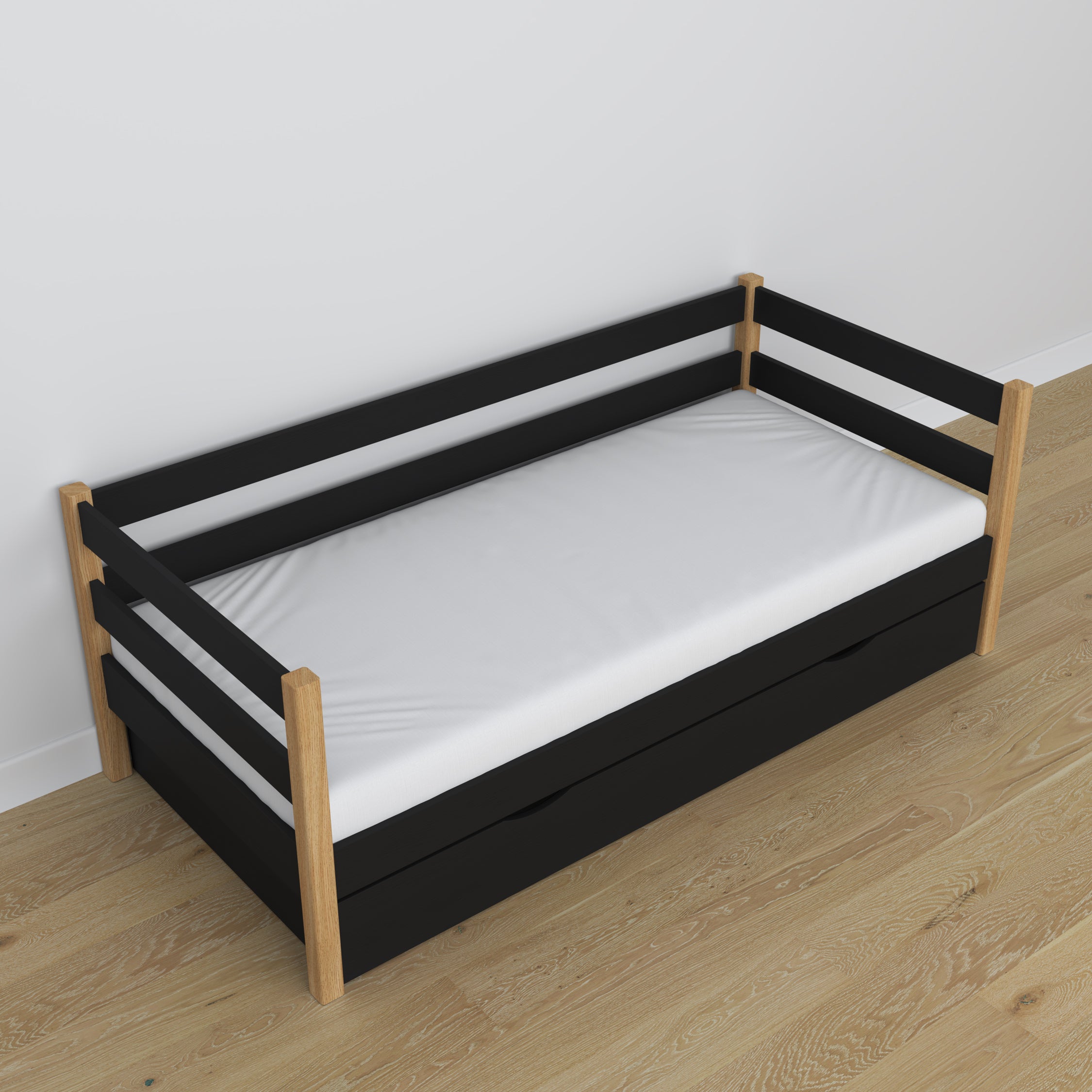 Łóżko sofa z szufladą N01 czarno dębowy – widok z innej perspektywy, polskie meble