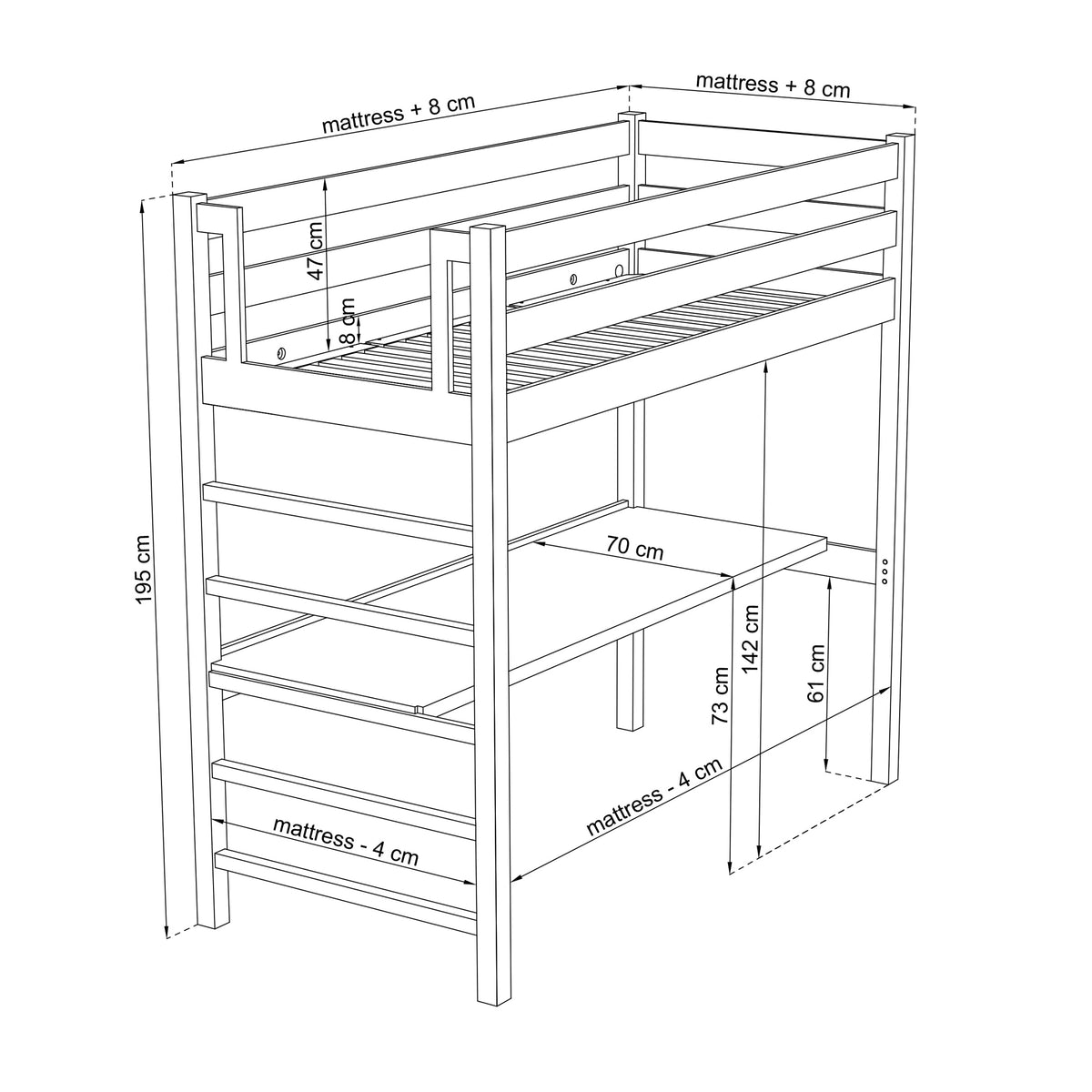 Wooden loft bed with desk N01 RAL/NCS