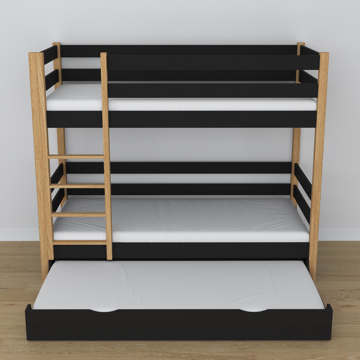 Holz-Etagenbett schwarz-eiche – Maße und Schema mit Matratzen-Schublade