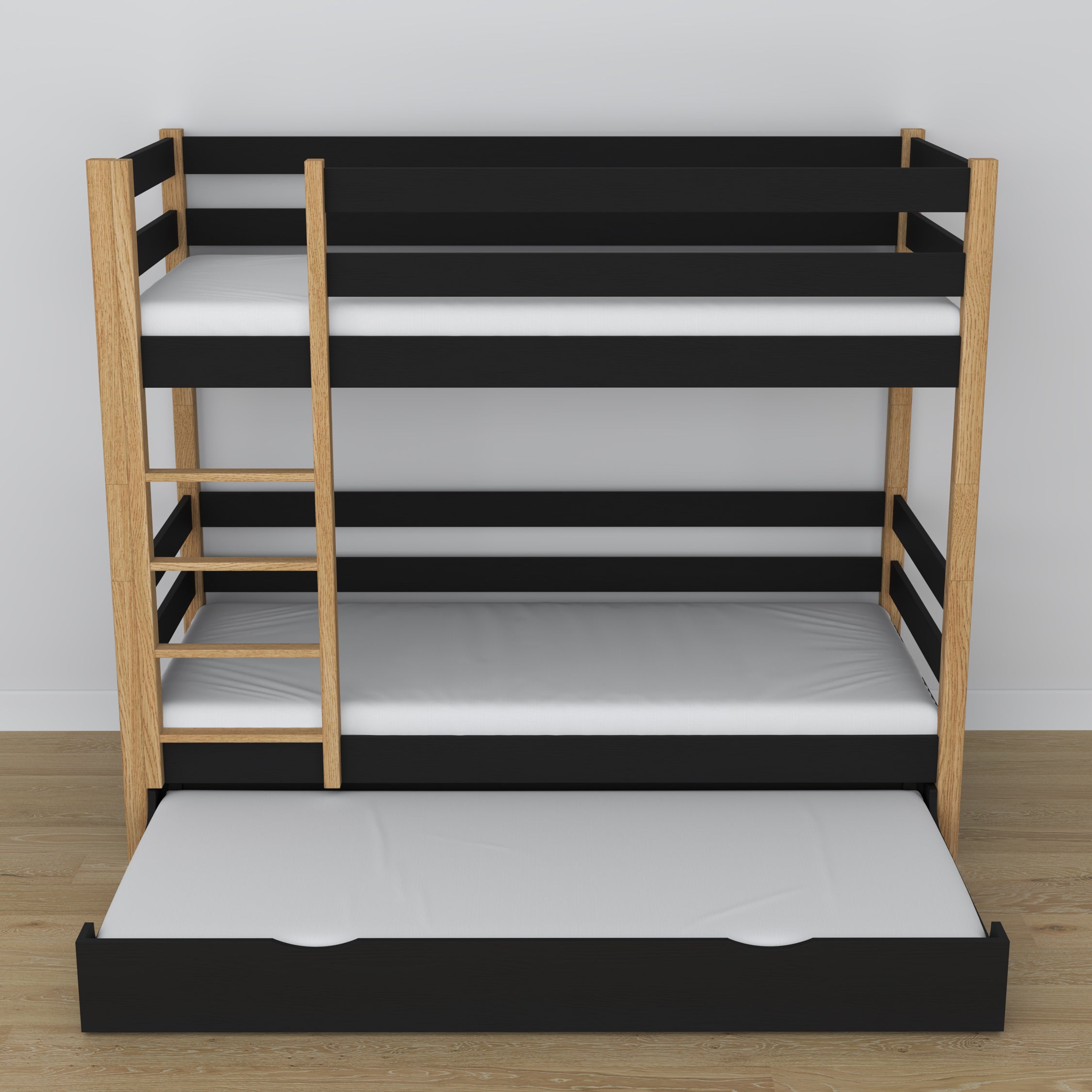 Holz-Etagenbett schwarz-eiche – Maße und Schema mit Matratzen-Schublade