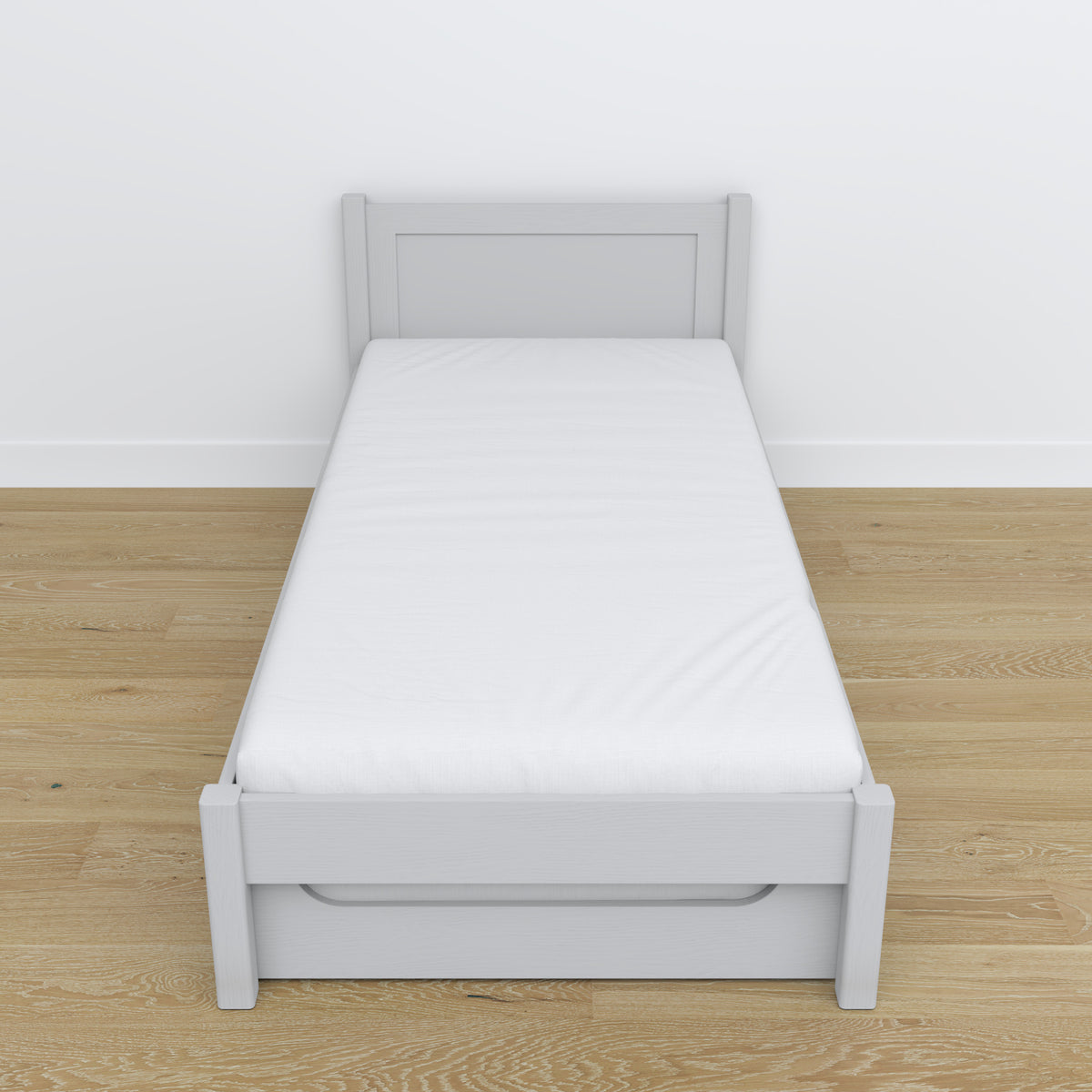 Bett Aschgrau – Schublade für Matratze, Holzdetails, Nizio Home