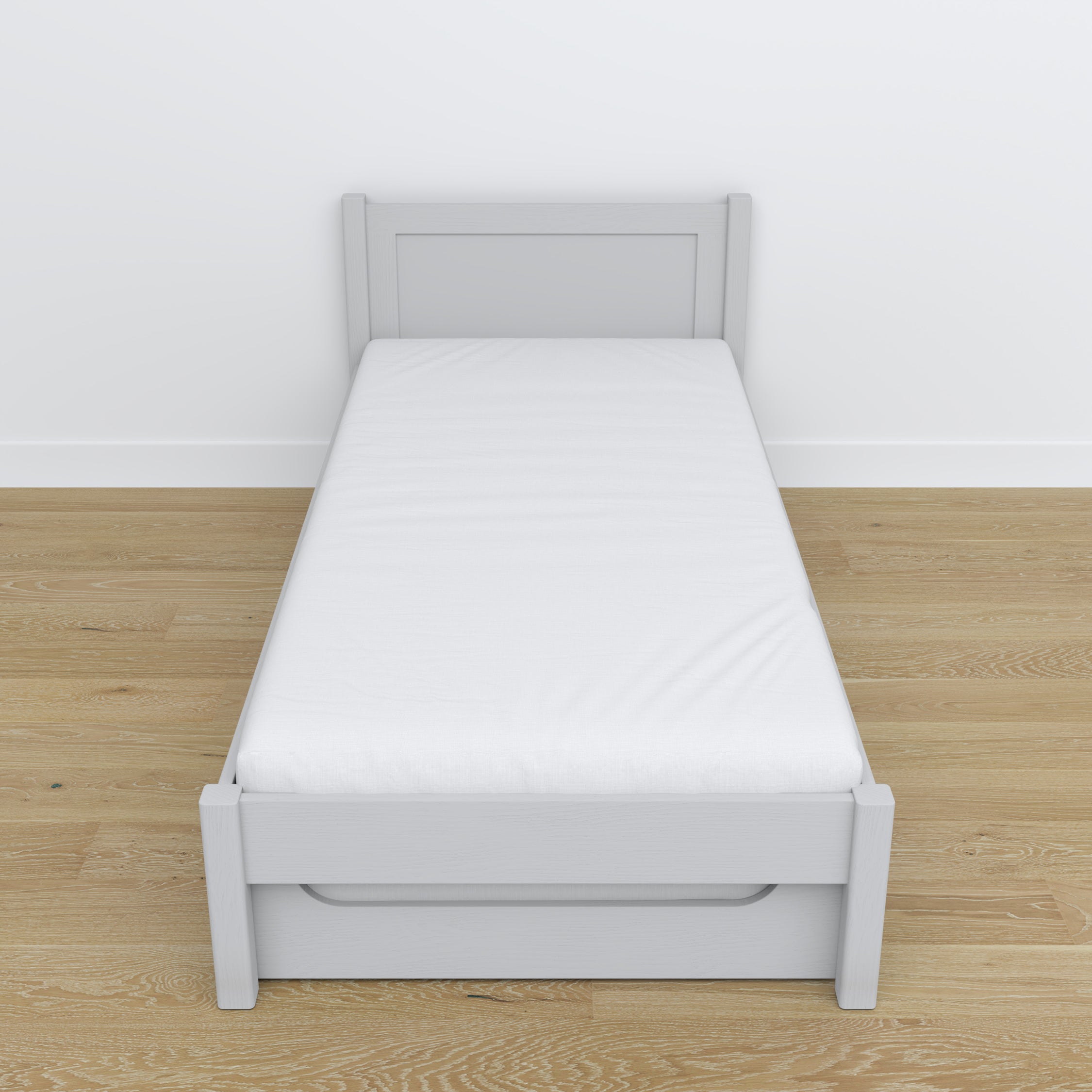 Bett Aschgrau – Schublade für Matratze, Holzdetails, Nizio Home