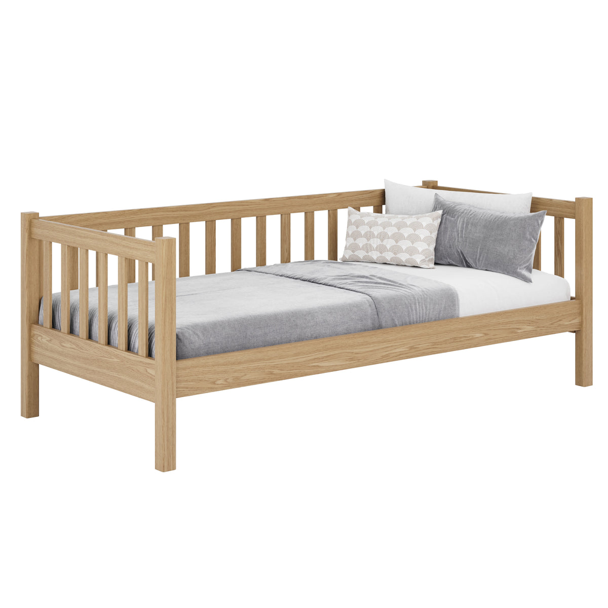 Łóżko sofa N03 dąb naturalny – widok z boku, solidna konstrukcja drewniana