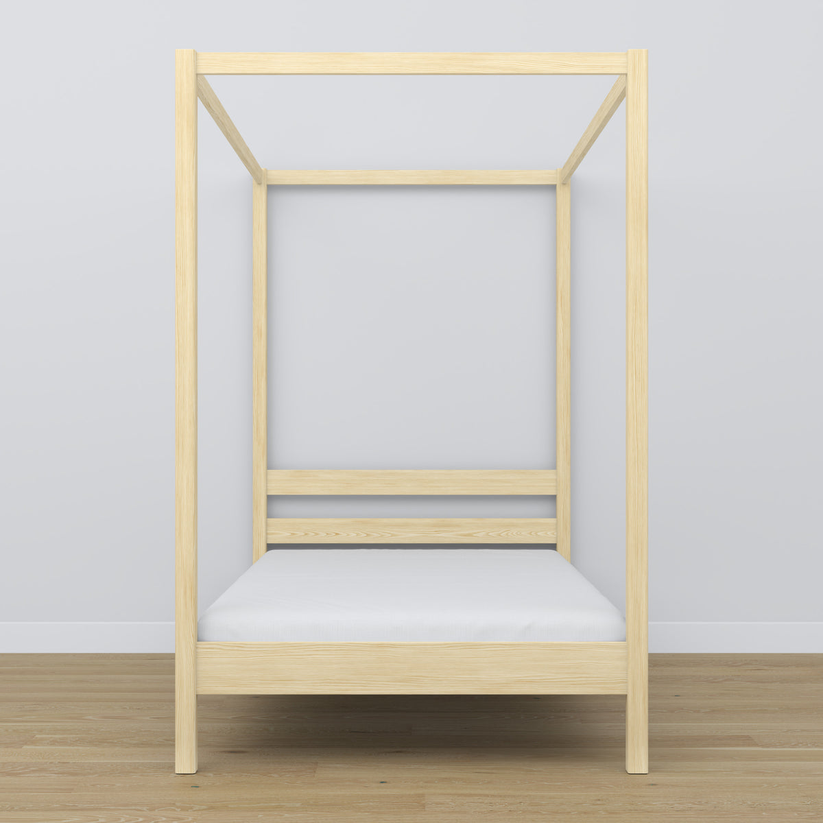 Himmelbett aus Holz Kiefer farblos – Nahaufnahme von Baldachin und Kopfteil