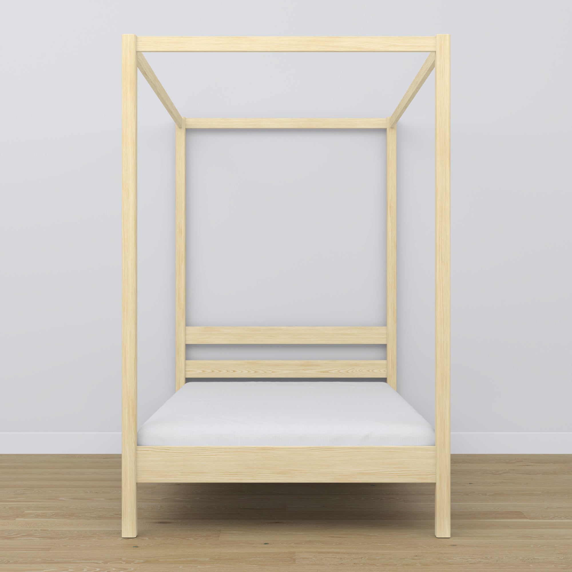 Himmelbett aus Holz Kiefer farblos – Nahaufnahme von Baldachin und Kopfteil