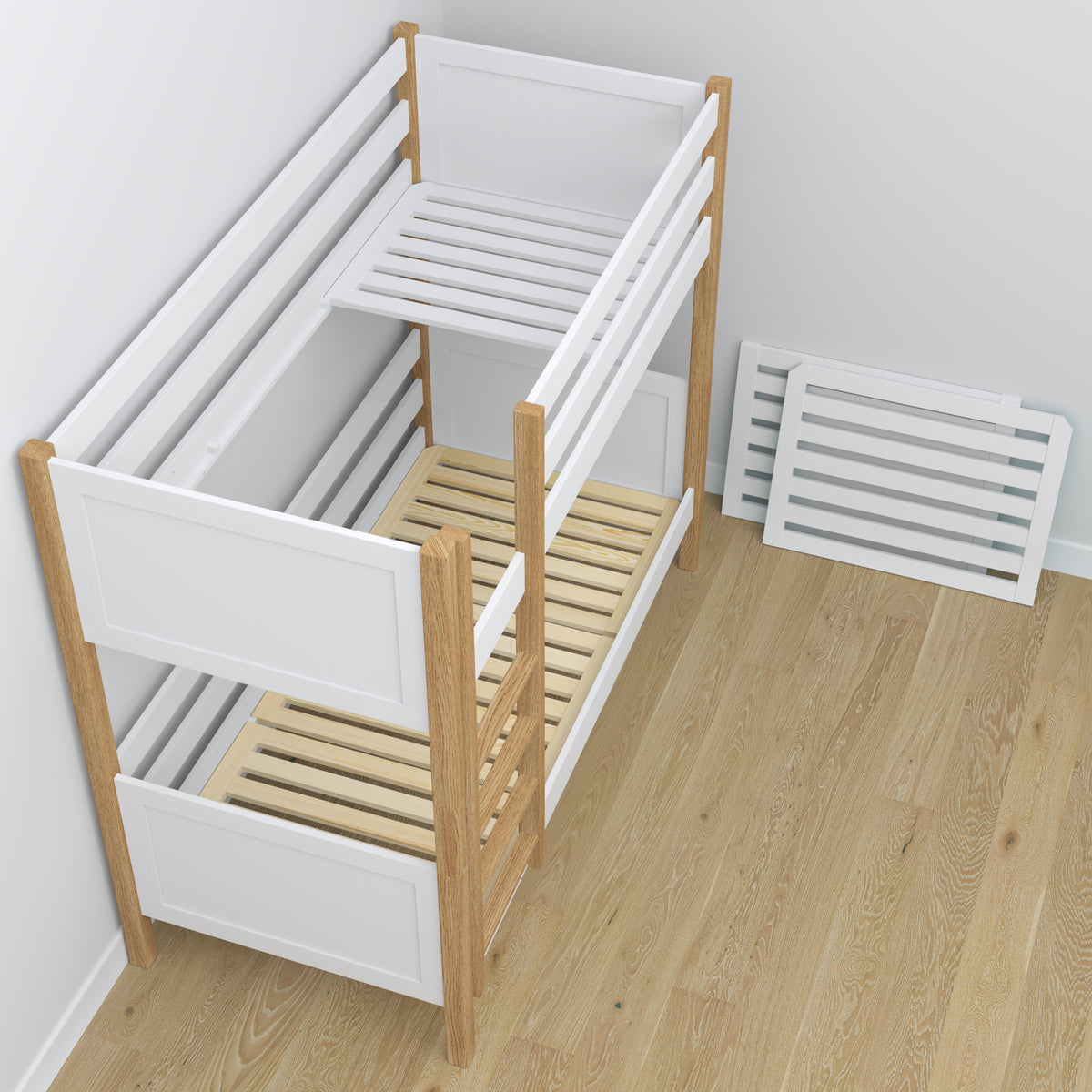 Łóżko piętrowe z szufladą biało-dębowy z drewna – skandynawski design, Nizio