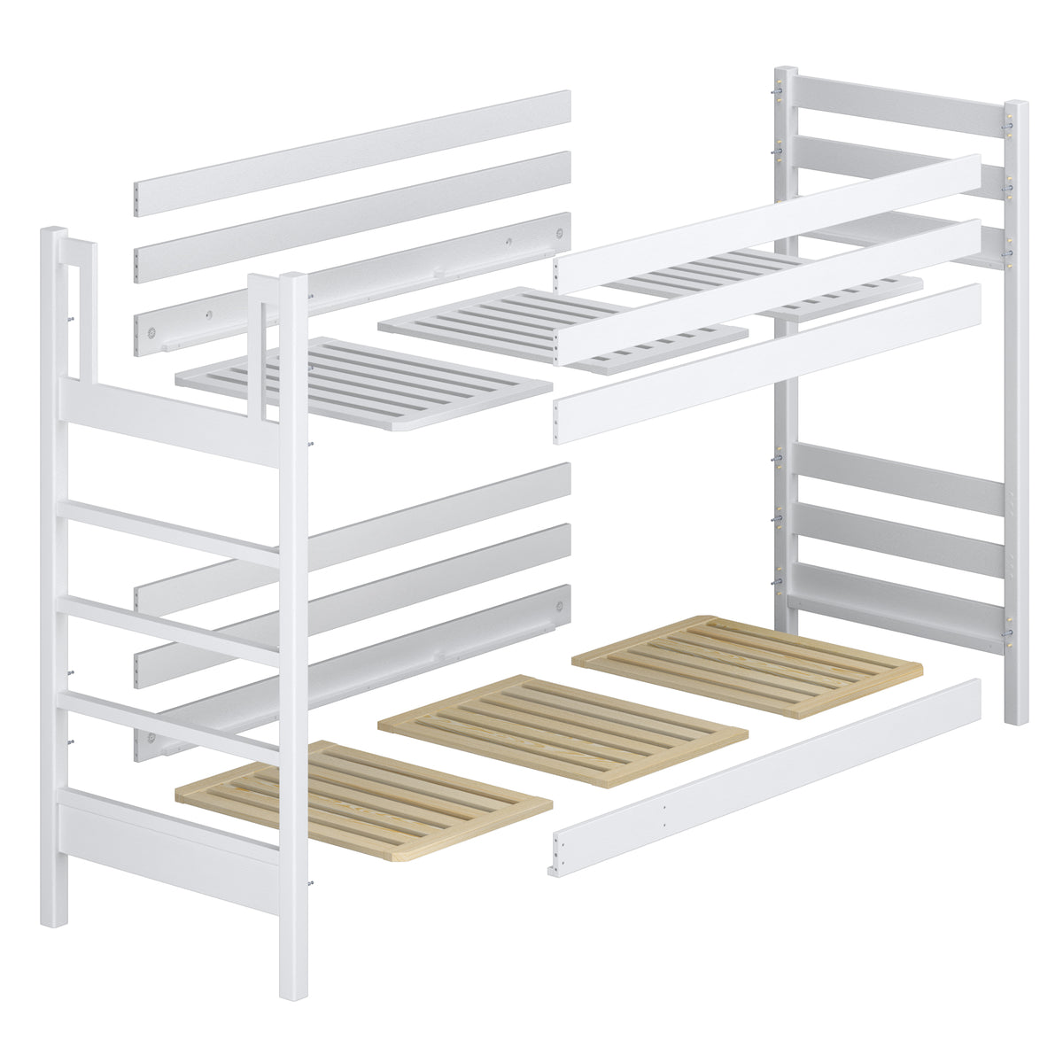 Łóżko piętrowe popielaty – złącza stolarskie drewniane, zbliżenie, Nizio Home