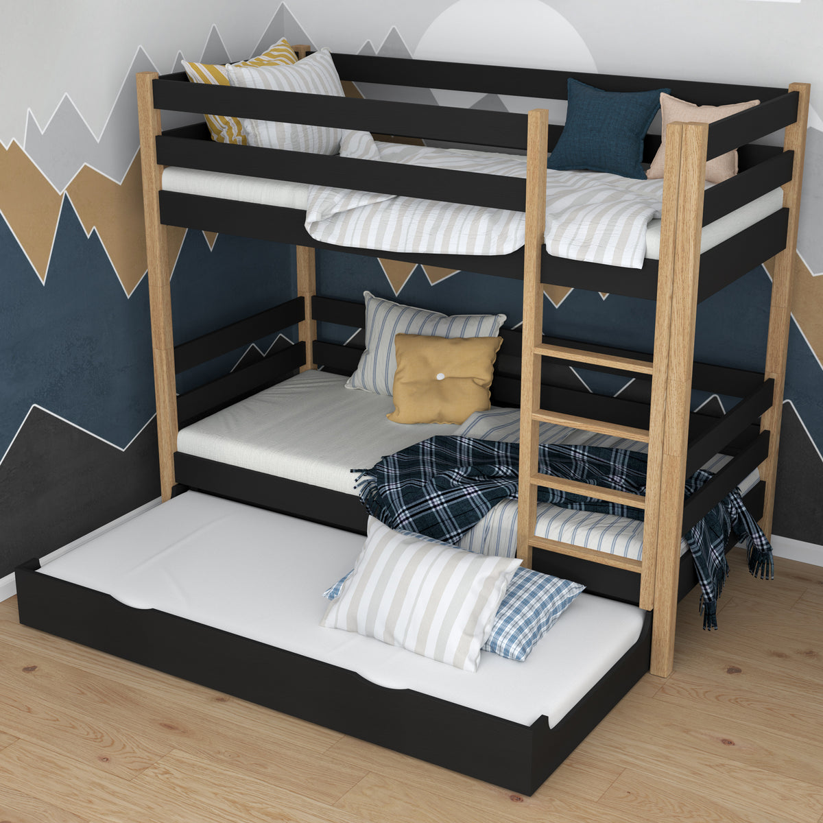Etagenbett schwarz-eiche für Kinder – Matratzen-Schublade, aus Holz, Nizio