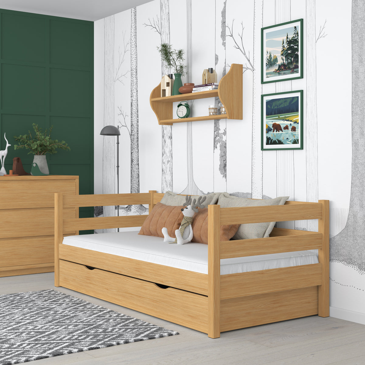 Łóżko sofa z szufladą N01 sosna naturalna – widok z innej perspektywy, solidne drewno
