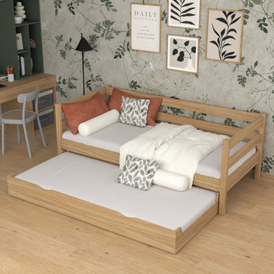 Dębowe łóżko sofa z szufladą na materac N01 dąb naturalny – widok ogólny, lite drewno dębowe
