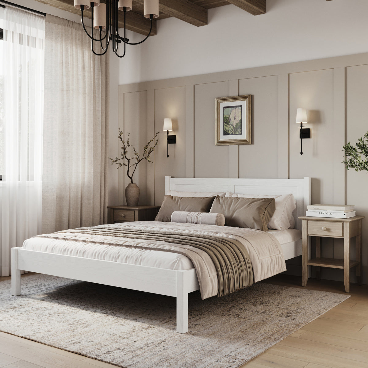 Doppelbett Holz Weiß – Seitenansicht, Proportionen und Form, Schlafzimmer