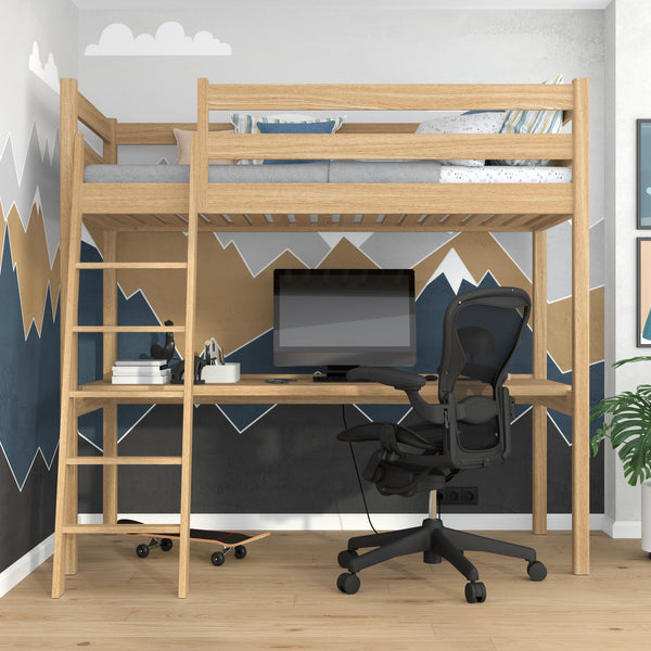 Hochbett Natureiche mit Schreibtisch – Lernen unter dem Schlafbereich, Eichenholz