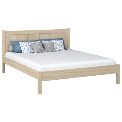 Doppelbett gebleichte Eiche im Schlafzimmer – Einrichtung mit Bettwäsche, scandi Stil