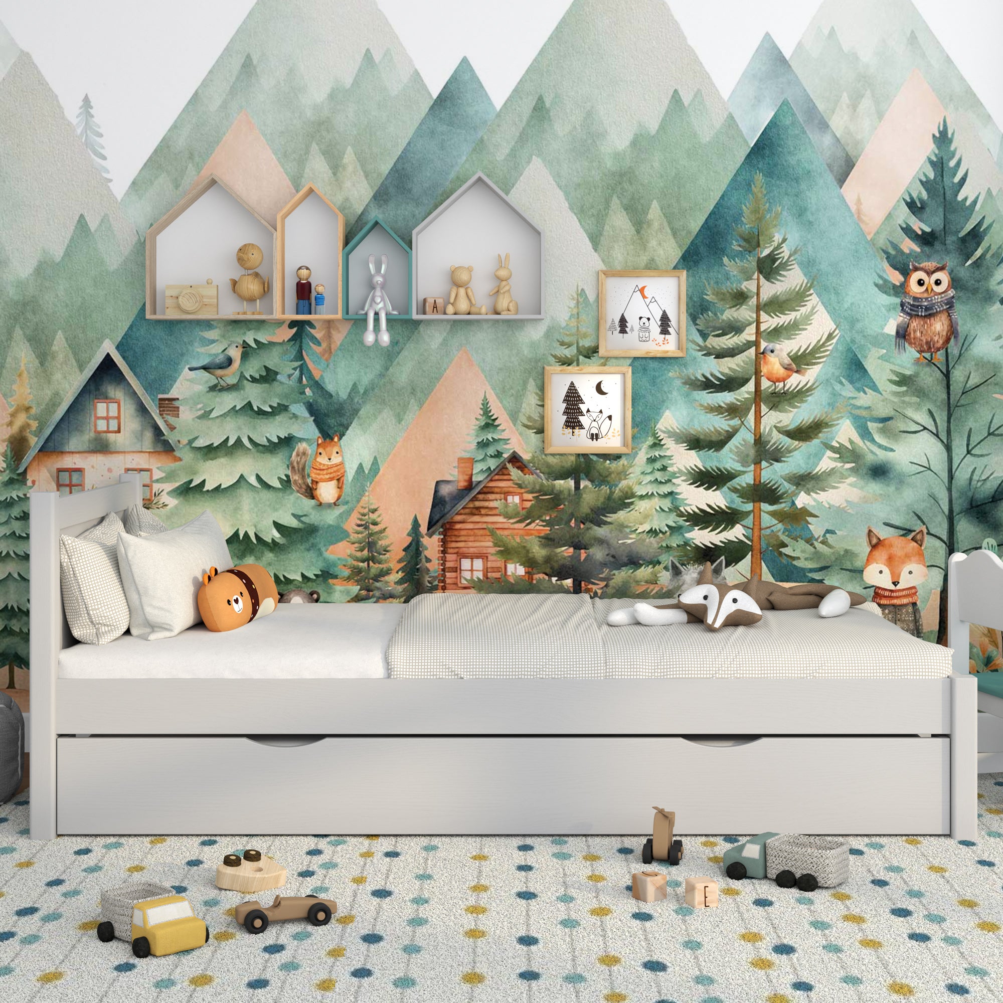 Bett aschgrau mit Schublade für Matratze – Seitenansicht, Holz, Nizio Home