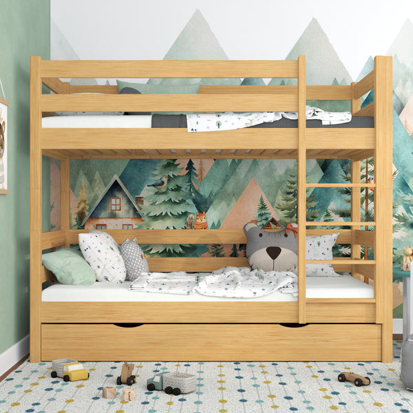 Etagenbett Kiefer natur mit Schublade – Absturzsicherung und Holzleiter, Nizio