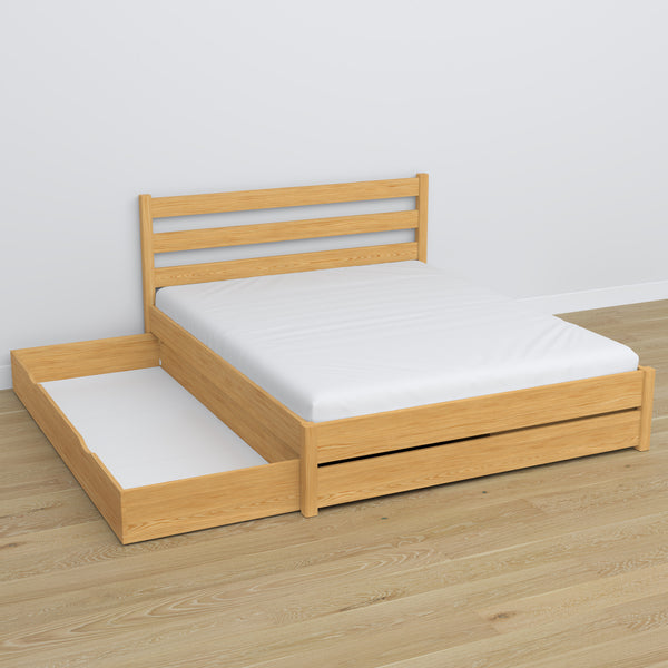 Doppelbett mit Schublade aus Holz Kiefer natur – Schublade geöffnet, geräumiges Inneres