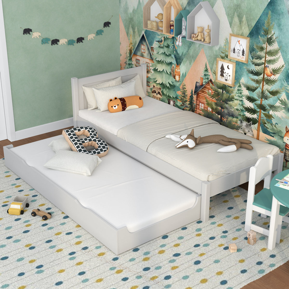 Bett mit Schublade für Matratze Holz grau – Schublade ausgezogen, Gast