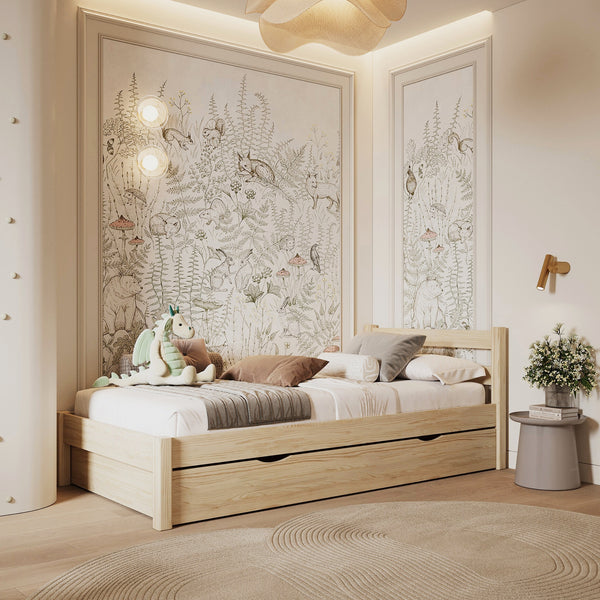 Bett Kiefer farblos mit Schublade – Seitenansicht, Holz, Nizio Home