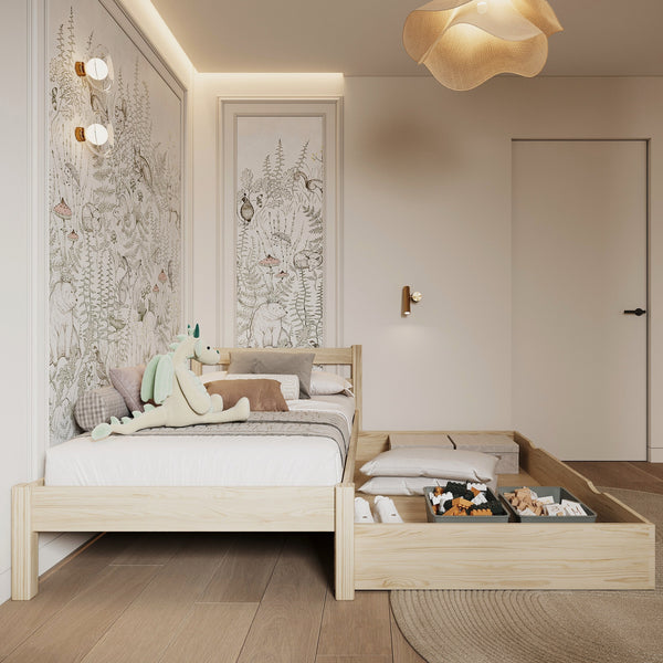 Bett Kiefer farblos mit Schublade – geräumiges Staufach, Holz, für Kinder Nizio