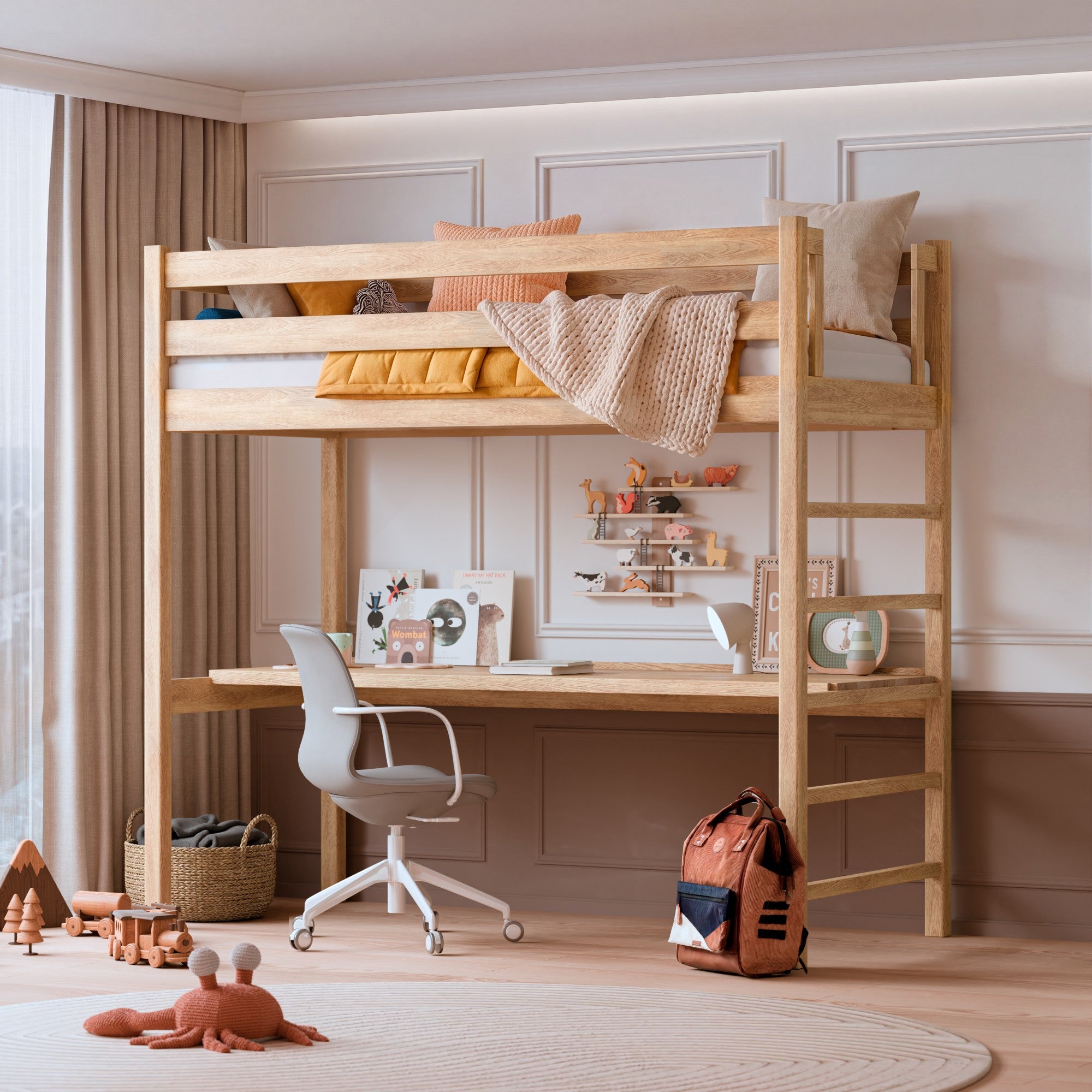 Eichen-Hochbett mit Schreibtisch N01 natürliche Eiche
