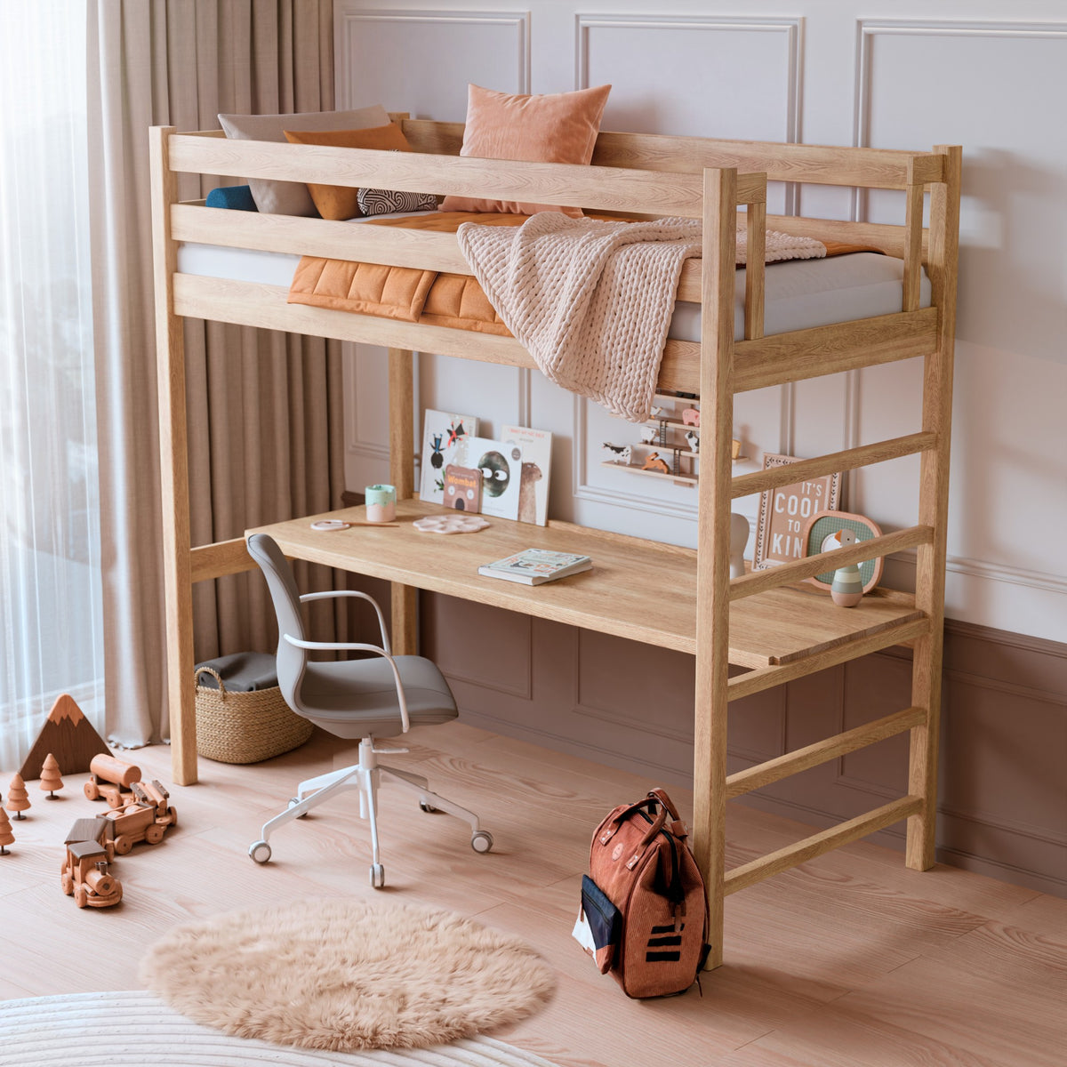 Eichen-Hochbett mit Schreibtisch N01 natürliche Eiche