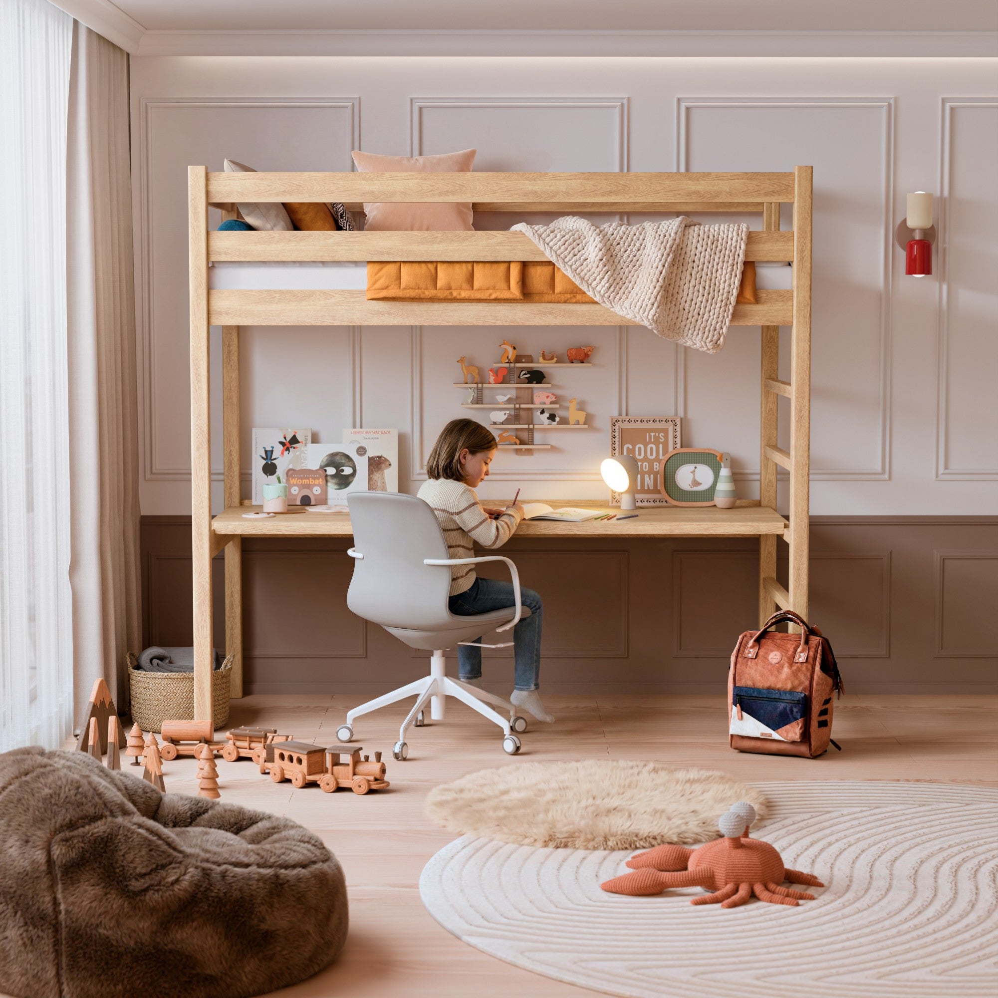 Eichen-Hochbett mit Schreibtisch N01 natürliche Eiche